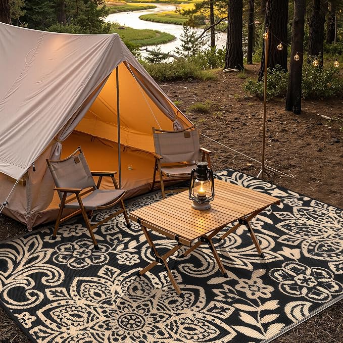 Findosom Waterproof Outdoor Rug 6' x 9' - Reversible Mandala Outdoor Plastic Straw Rug, Durable Foldable Patio Rug for RV, Deck, Balcony, Backyard, Picnic, Porch, Camping, Beach, Black