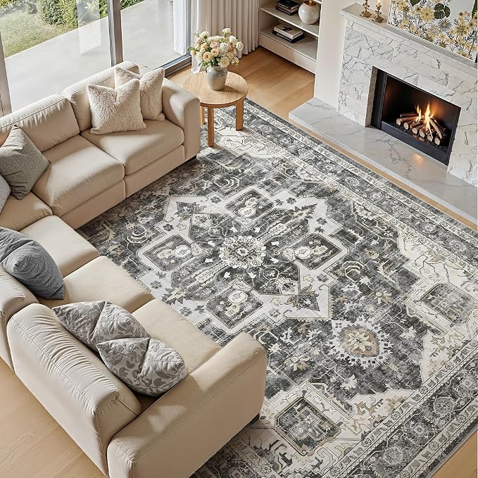 Vintage Washable 8x10 Area Rug for Living Room, Black | Soft Low Pile Rug with Non-Slip Backing, Stain Resistant for Bedroom or Dining Room, Kid & Pet Friendly