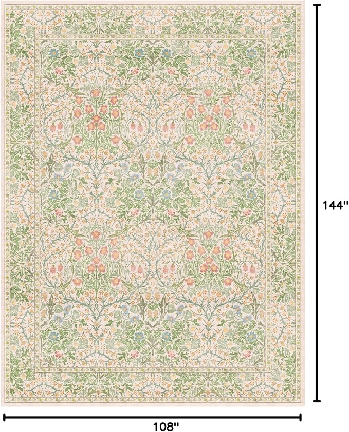 Washable Light Green Rug for Bedroom - 9x12 Large Area Rug for Dining Room Under Table, Living Room, Soft Low Pile Carpet for Playroom - Vintage Floral Non-Slip Stain Resistance (9x12 Beige Green)