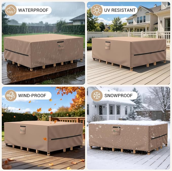 Mrrihand Upgrade 600D Heavy Duty Patio Furniture Covers Waterproof, Patio Furniture Outdoor Sectional Sofa Couch Set, Patio Table and Chair Set Cover 107" L×81" W×27.9" H, Brown