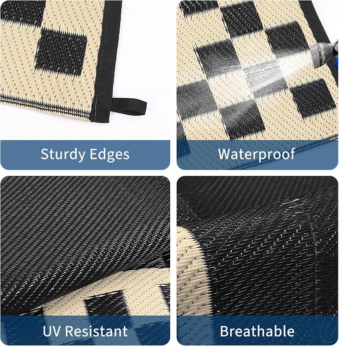 Patio Modern Geometric Border Outdoor Rug 10x14 Waterproof Large Reversible Camping Mat Foldable Lightweight Plastic Straw Outdoor Rug for Deck, Camper, Balcony, Beach, Rv，Black/Coffee