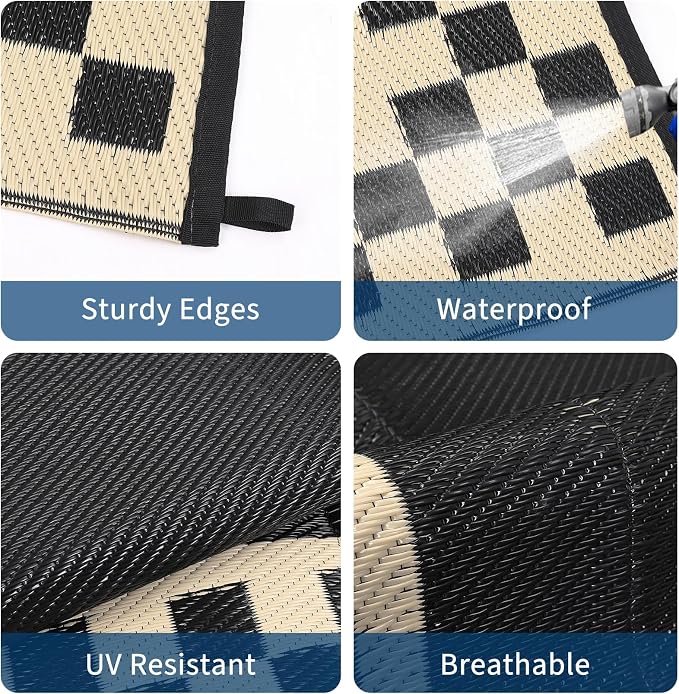 Outdoor Rug 8x10 Waterproof Patio Rugs Modern Geometric Border Reversible Mat for Front Door Rv Foldable Plastic Straw Carpet for Travel Trailers, Deck, Camper, Balcony, Beach，Black/Coffee