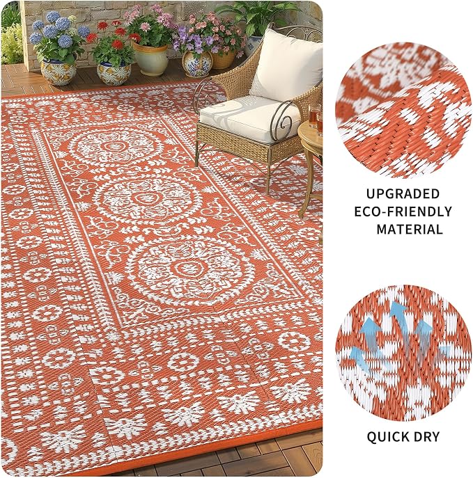 Garvee Reversible Outdoor Rug 9x18 for Patio, Waterproof Outdoor Area Rug, Modern Medallion Indoor Outdoor Rugs, Plastic Straw Rug for RV, Camping, Deck, Vintage Terracotta