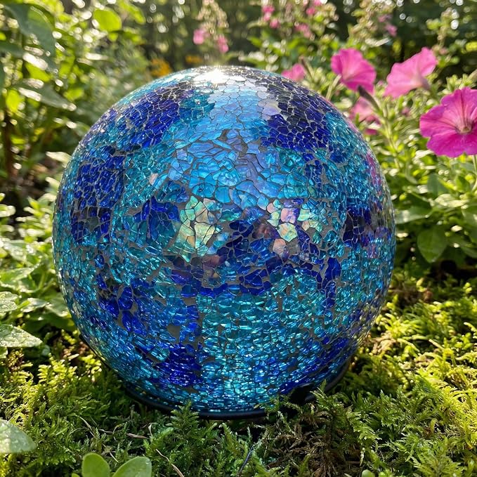 Sunnydaze 10" Mosaic Glass Gazing Ball for Garden, Globe for Outdoor Decor | Deep Ocean Swirl, 2pk, Decorative Sphere Fits Most Stands, Garden Ball for Outside, Flower Bed, Backyard, or Indoor Display