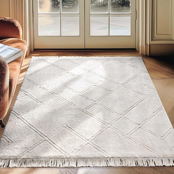 Well Woven Allie Ivory Cream Angles Geometric Area Rug 4x6 (3'11" x 5'3") - Soft High-Low Texture for Living Room, Bedroom & Office