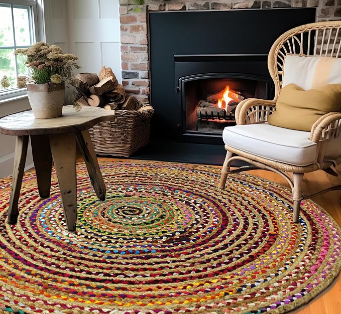 COTTON CRAFT Jute Chindi Braid Rag Rug - 8 Feet Round Multi Color Area Rug | Handwoven Reversible Jute & Natural Recycled Cotton Boho Farmhouse Rustic Area Accent Rug - Living Room Carpet Home Décor