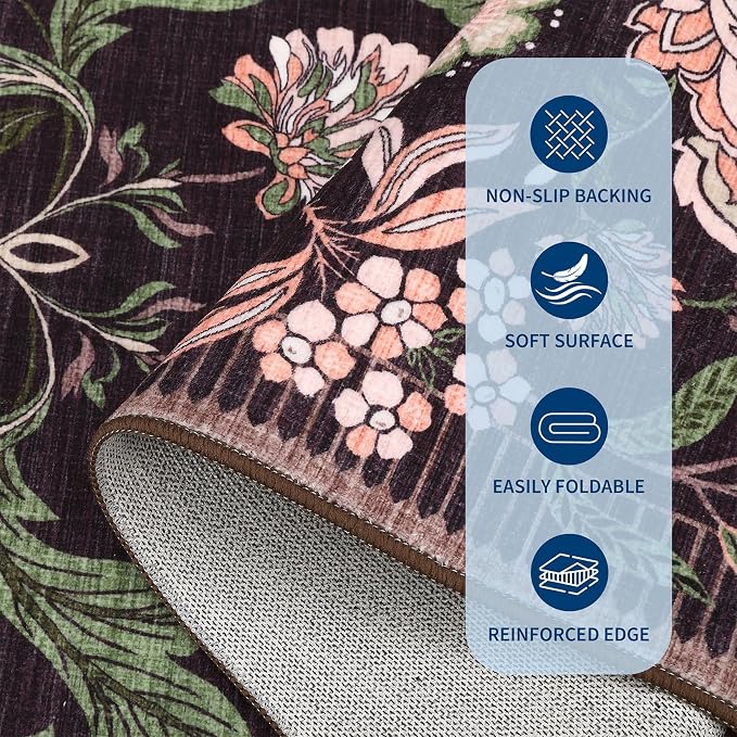 GarveeHome Plum Pink Floral Botanical Washable 8x10 Area Rug for Living Room Soft Black Purple Vintage Boho Cottage Large Rugs Low Pile Carpet for Bedroom Dining Nursery Rug