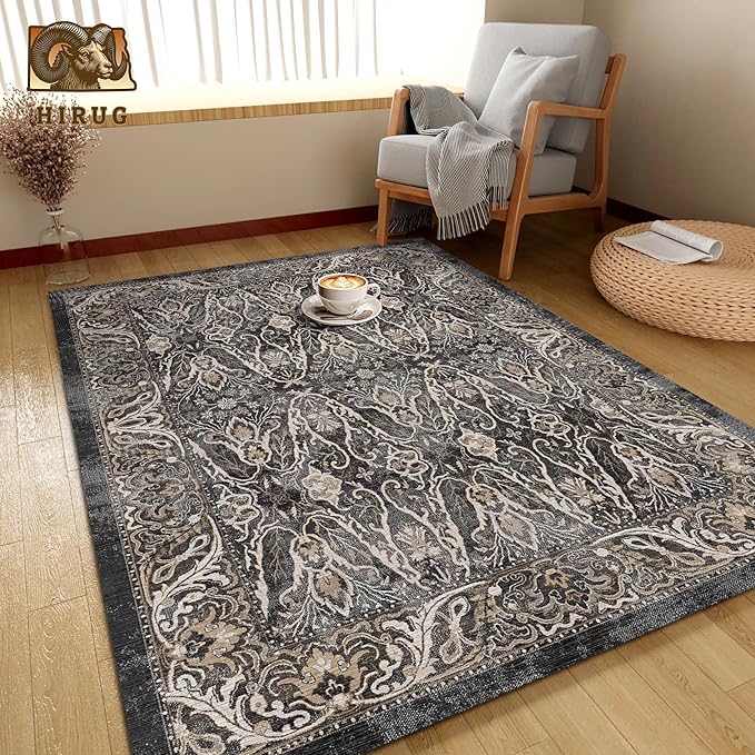 Washable Area Rug 6' x 9' Vintage Traditional Persian Mat - Foldable Distressed Non-Slip Machine Washable Carpet for Living Room Bedroom Kitchen Home Decor - Ebony and Taupe