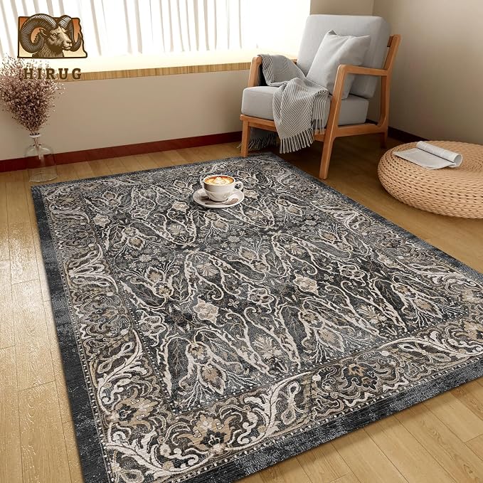 Washable Area Rug 9' x 12' Vintage Traditional Persian Mat - Foldable Distressed Non-Slip Machine Washable Carpet for Living Room Bedroom Kitchen Home Decor - Ebony and Taupe