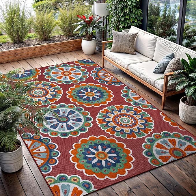 Outdoor Rug 10x14 Washable Area Rugs Indoor Outdoor Carpets Red Bohemian Medallion Non Shedding Waterproof Easy Clean Patio Deck Porch Living Room Bedroom Garden RV (10 X 14 Red)
