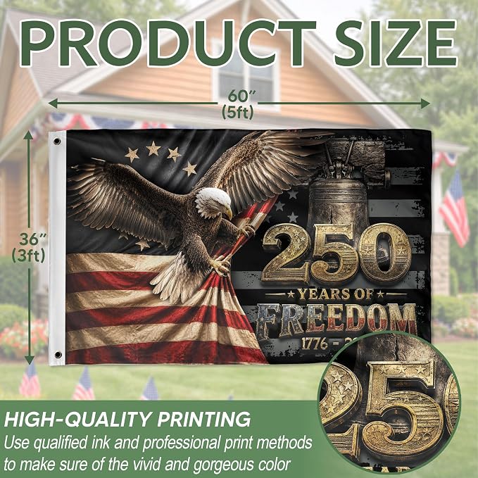250 Anniversary Usa Flag With Brass Grommets, 250 Years Of Freedom Flag 3x5 Ft, 250th Anniversary Banner, 4th Of July Decorations Outdoor, Front & Back Printed, American Flags With Eagle 1