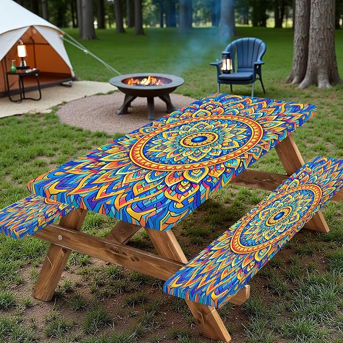 Fitted Picnic Table Cover with Bench Covers,Bohemian Waterproof Elastic Edges Rectangle Patio Tablecloth Outdoor Camping Essentials Stuff Rv Accessories Summer Travel Trip Camper Gifts