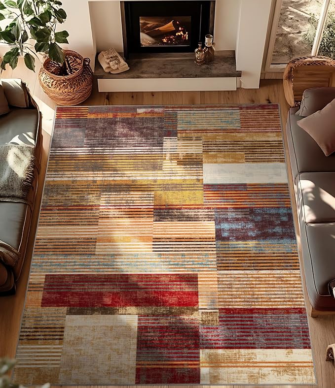 Brown Area Rug 8x10, Farmhouse Rugs Washable,Vintage Burgundy Carpets for Bedroom,Burnt Orange Area Rug Non Slip,Geometric Boho Rug for Kitchen,Dining Room