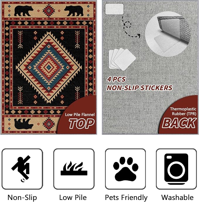 Southwest Rug 4x6 - Native American Bear Cabin Area Rugs for Bedroom Living Room, Rustic Ethic Machine Washable | Non-Slip | Low Pile Carpets, Western Home Decor (Red Tan Black)