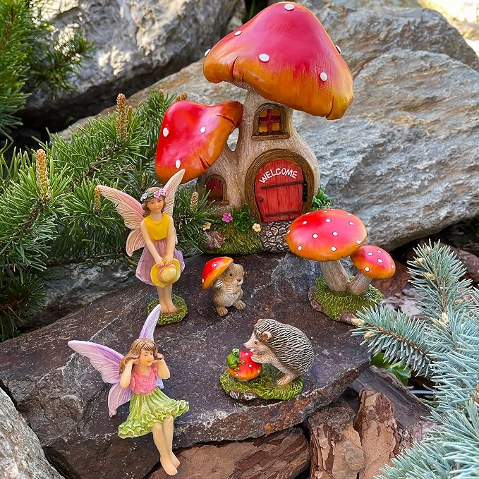 Mood Lab Fairy Garden Figurines - Mushroom House Set (6 pcs) - Miniature Decorative Statues & Accessories - Outdoor & Indoor Garden Decor