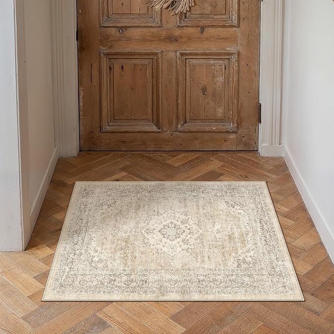 2x3 Taupe Washable Area Rug Non Slip Vintage Carpet | Low Pile, Stain Resistant, Living Room, Kitchen, Bedroom, Entryway, Nursery, Laundry Room, Hallway, Soft, Thin, Lightweight