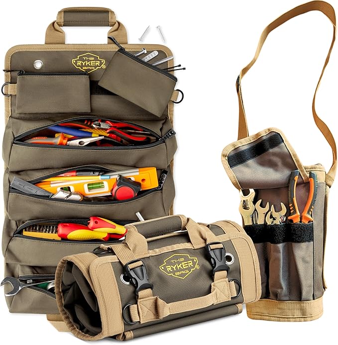 The Ryker Bag Tool Roll Organizer with Detachable Pockets – Heavy Duty Roll-Up ToolBag for Mechanics, Electricians, Plumbers, Contractors, Garage & Job Site Use Gift for Dads (AP-TR)