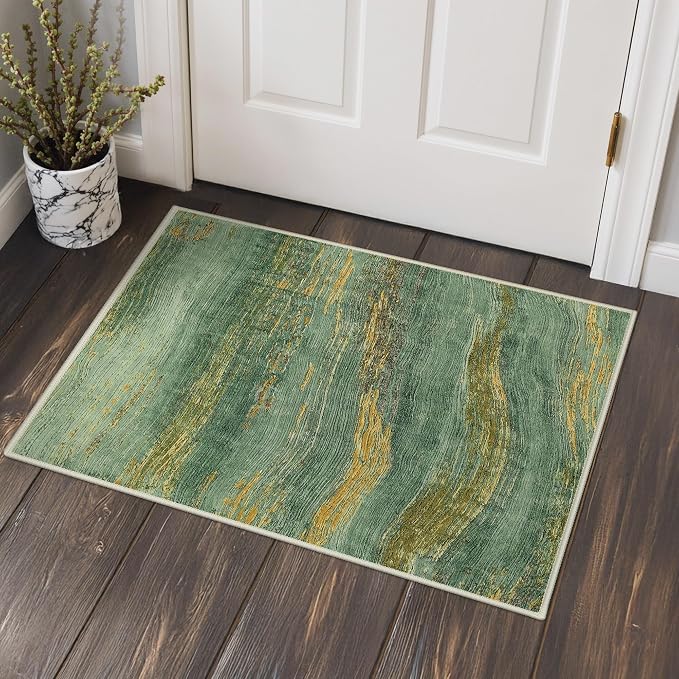 BEIMO 2x3 Washable Doormat Rug for Entryway, Wave Abstract Teal Gold | Soft Machine Washable Modern Area Rug,Streaks Pattern Non Slip Indoor Small Carpet for Entrance,Bathroom, Bedroom