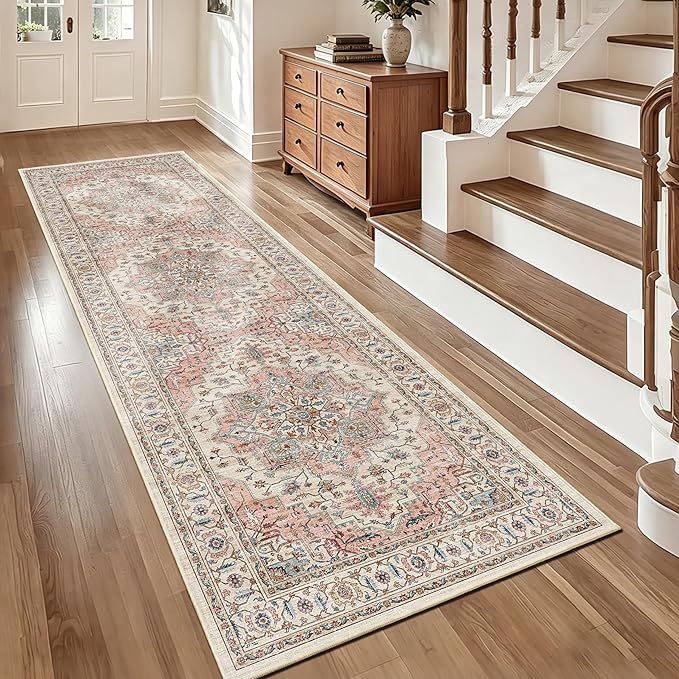 3x10 Vintage Runner Rug Low Pile Non-Slip Washable Hallway Rug | Retro Distressed Print Rug Non-Shedding Beige Pink Carpet Stain Resistant Long Rug for Hallway Kitchen Bedroom Laundry Room