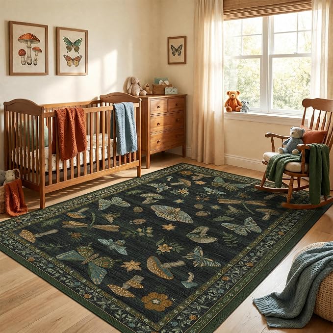 ROYHOME Mushroom Insect Washable Rug 5x7 for Bedroom Living Room Dark Green | Playroom Nursery Office Bug Moth Cute Funky Cottage Core Whimsical Boy Carpet Low-Pile Non-Slip Stain Resistant TPE Backing