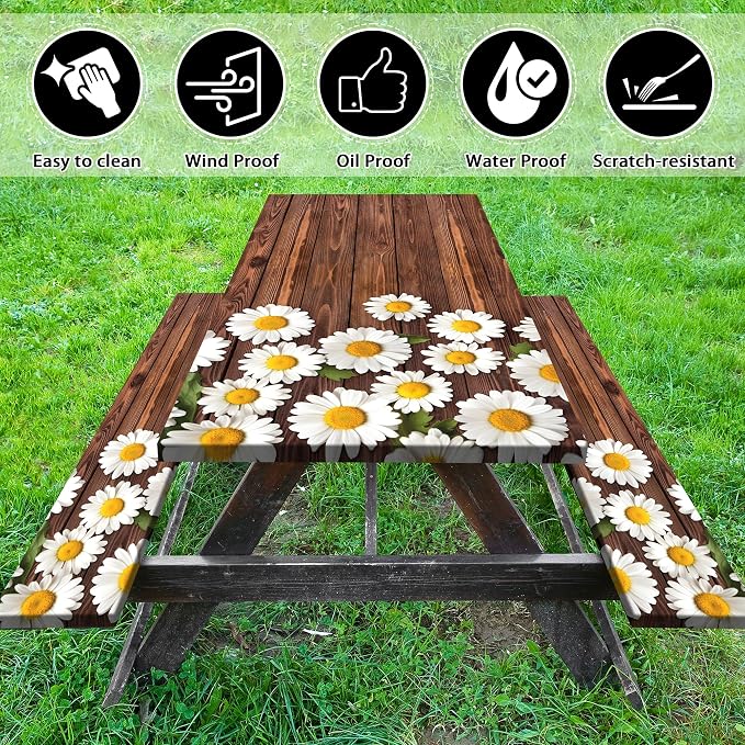 Picnic Table Cover with Bench Covers 6FT Chamomile Daisy Flowers Waterproof Fitted Picnic Table Cloths Wood Texture Outdoor Elastic Picnic Tablecloth Outdoor Camping Essentials(3pcs-72)