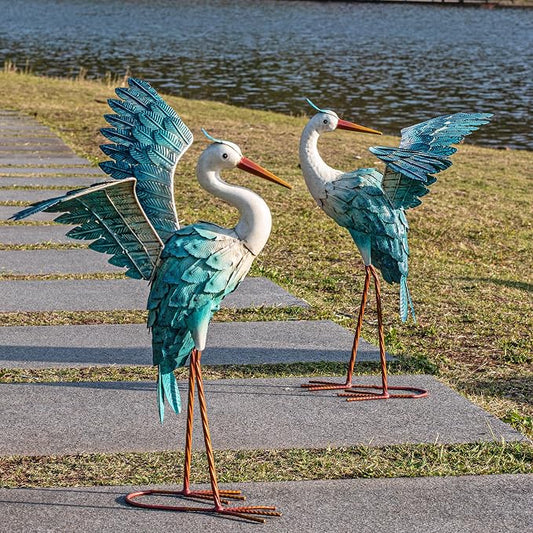 Natelf Garden Decor Blue Heron, Large Standing Metal Crane Garden Statue, Yard Art Lawn Ornaments for Yard Patio Porch Outside Decorations