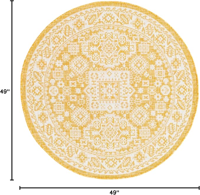 Unique Loom Outdoor Aztec Collection Area Rug - Chalca (4' 1" Round, Yellow/ Ivory)