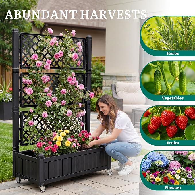 YITAHOME 3.6x1.5x5 FT Planter Box Trellis with Wheels, Large Outdoor Plastic Raised Garden Bed with Drain Plug for Climbing Plants, Black