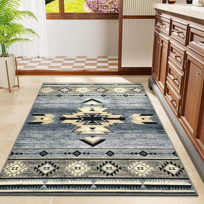 BENRON Western Rugs for Living Room Bedroom 3x5, Non Slip Washable, Grey | Southwest aztec Throw Area Rugs for Dining Table Kitchen Home Decor