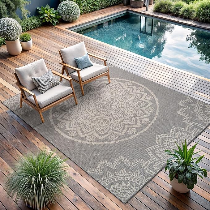 CAMILSON Outdoor Rug 9x12 Modern Area Rugs for Large Indoor and Outdoor Patios and Porches - Waterproof Washable Non-Shedding Easy-to-Clean Outside Carpet (9 x 12, Medallion - Grey/White)