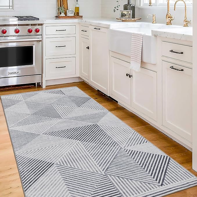 Machine Washable Area Rug Runner - Living Room Bedroom Bathroom Kitchen Entryway Office - Padded Low Pile Stain Resistant Premium - Modern Geometric Contemporary - Miles - Gray 2'6" x 6'