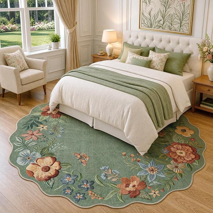 FMFUNCTEX 5ft Round Washable Sage Green Scalloped Area Rug for Living Room | Floral Rug Non Slip Vintage Flower Colorful Traditional Boho Small Soft Low Pile Cottage Circle Dining Room Bedroom Entryway