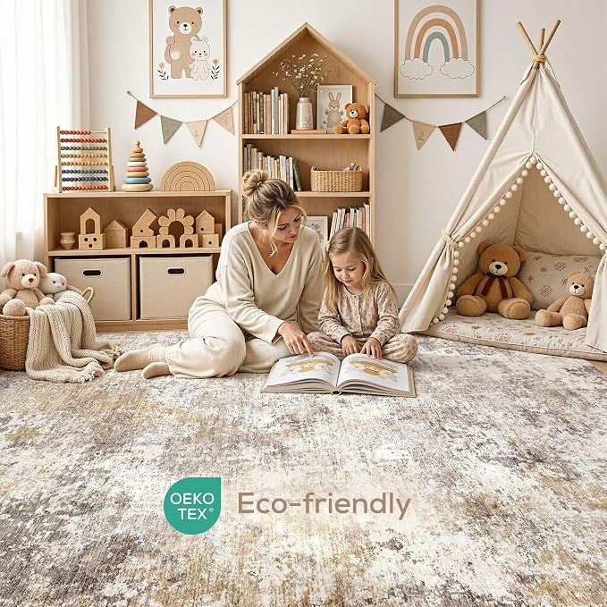 Nakagishi 12X15 Abstract Washable Area Rugs for Living Room-Golden Brown | Modern Non-Slip Silicone Backing Low Pile Soft Carpet for Bedroom Dining Decor for Families with Kids and Pets