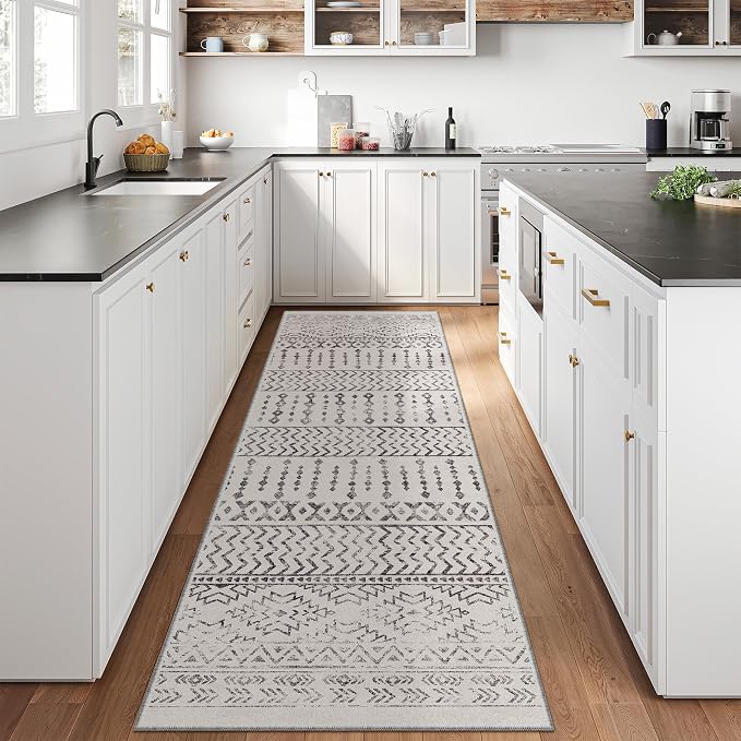 Art&Tuft 2x8 Runner Rug Non Slip, Washable Rug Runners for Hallways,Ivory | Low Pile, Moroccan Soft & Lighweight, Folable, Stain Resistant 8ft Carpet Runners for Entryway,Kitchen,Living Room,Bedroom