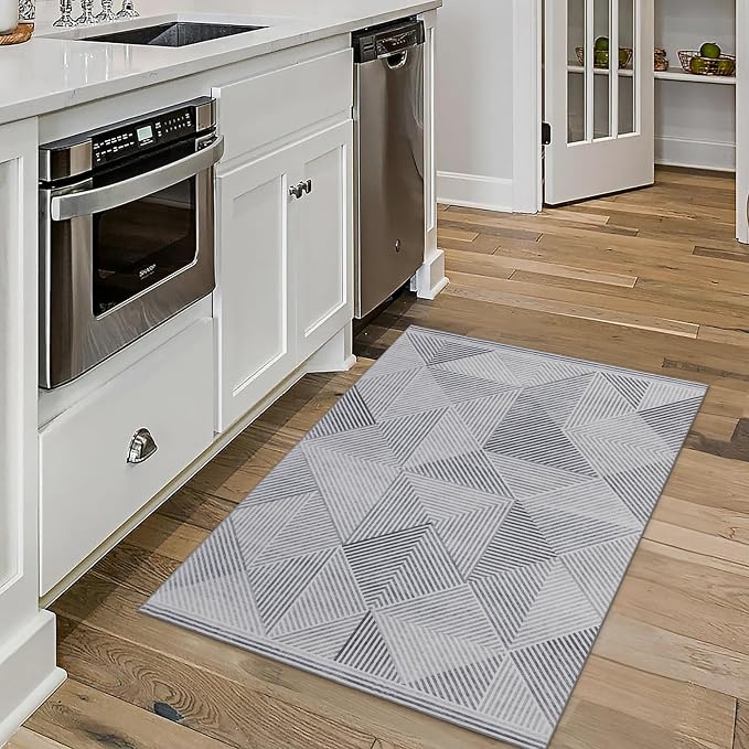 Machine Washable Area Rug - Living Room Bedroom Bathroom Kitchen Entryway Office - Padded Crease Free Stain Resistant Premium - Modern Geometric Contemporary- Miles- Gray - 2'x 3'