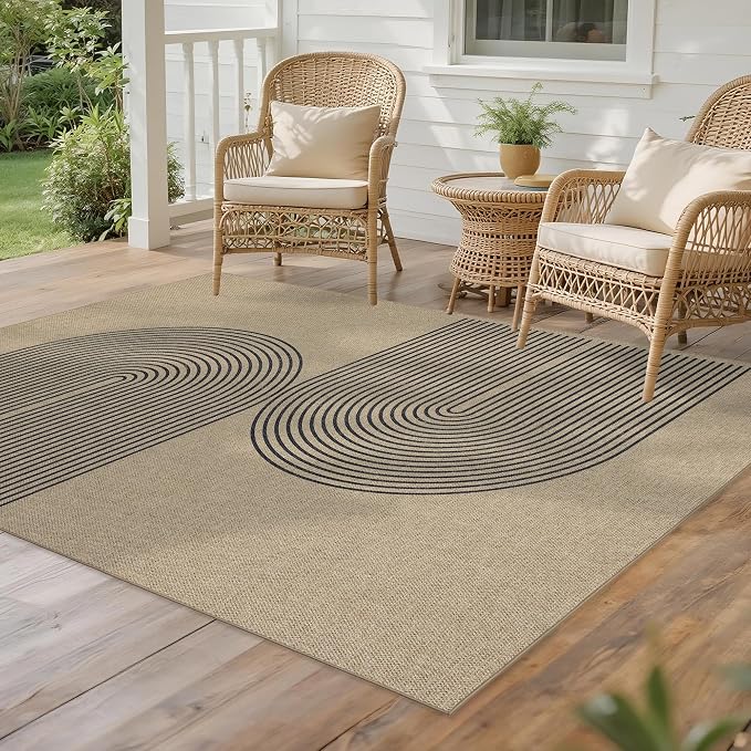 Easy Jute Rug 4x6 Outdoor: Natural Modern Area Rugs for Patio Porch Deck Linen-Look Fabric Durable - Neutral Washable Carpet for Entryway Living Room Bedroom Indoor Non Slip - Black Stripes