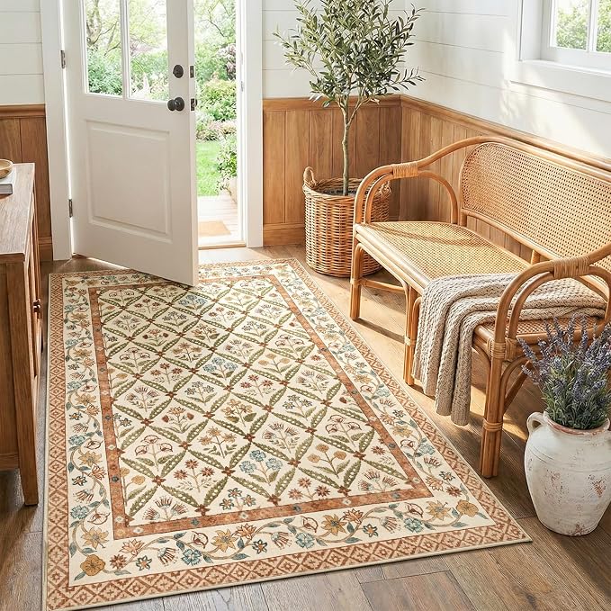 jinchan 4x6 Vintage Floral Washable Non Slip Bedroom Area Rug, Terracotta | Soft & Lightweight, Checkered Floral, Low Pile, Bedroom, Kitchen, Girls Dorm, Apartment, Small Living Room, Cottage Decor