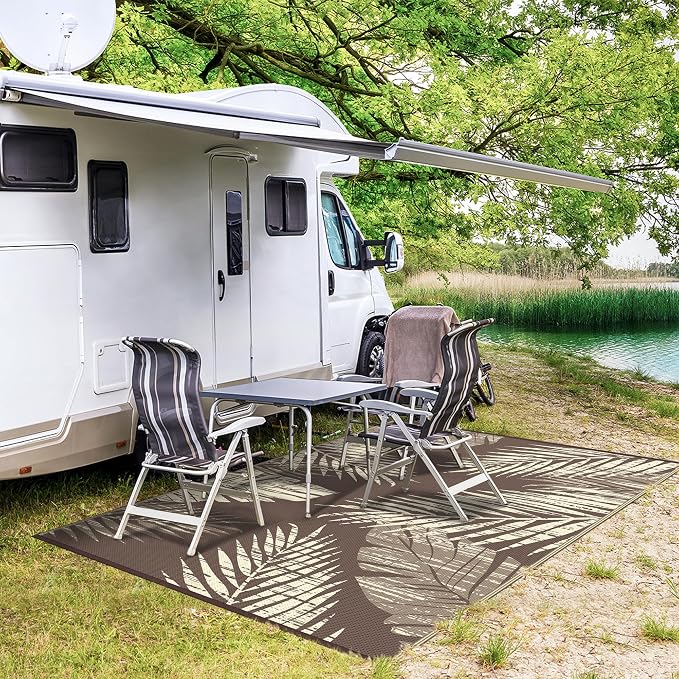 GENIMO Outdoor Rug 6' x 9' Waterproof for Patio Clearance, Reversible Plastic Straw Camping Mat, Lightweight Carpet for Rv, Camper, Deck, Porch, Picnic, Balcony, Beach, M.Mottled＆CoffeeBeige