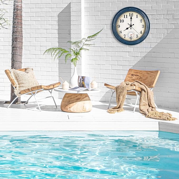 Outdoor Clock Waterproof with Thermometer Wall Clock for Patio Pool Bathroom Kitchen 12 Inch Blue