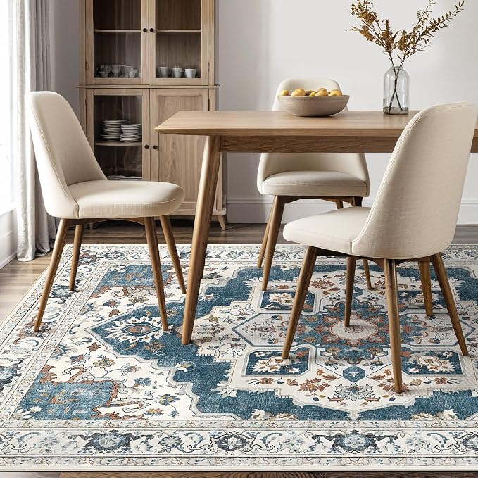Washable Area Rug-10X12 Vintage Neutral Soft Vintage Blue | Non Slip Thin Foldable Large Floor Carpet for Living Room Bedroom Kitchen Dining Room Home Office Farmhouse Indoor