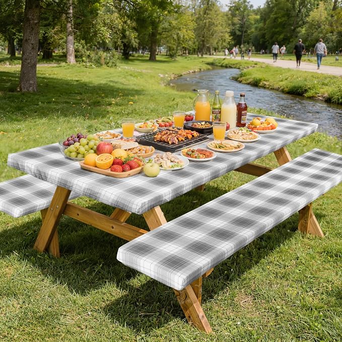 Picnic Table Cover with Bench Covers Camping Essentials Reusable Waterproof Windproof Camping Tablecloth Fitted Rectangle Tables and Seats, 72in, Gray Plaid