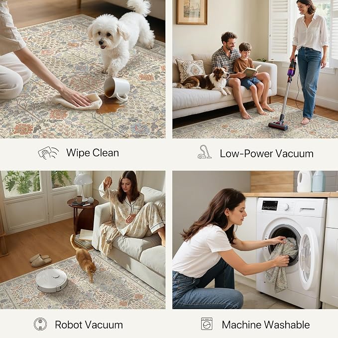2.5x6 Kitchen Runner Rug, Washable Non Slip, Earth Yellow | Vintage Floral Design, Spill Resistant Lightweight Low Pile Carpet for Hallway, Bedroom, Laundry Room, Bathroom