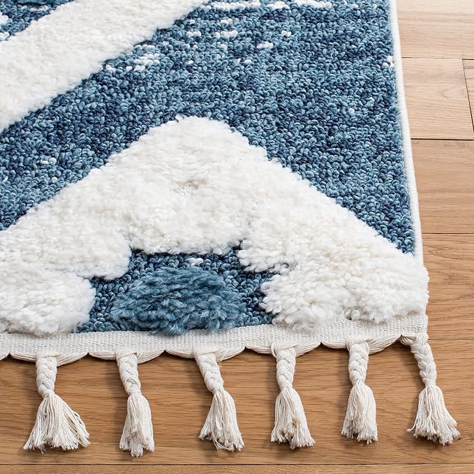 SAFAVIEH Moroccan Tassel Shag Collection Runner Rug - 2'3" x 8', Blue & Ivory, Boho Design, Non-Shedding & Easy Care, 2-inch Thick Ideal for High Traffic Areas in Living Room, Bedroom (MTS664M)