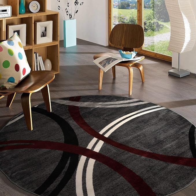 Rugshop Wavy Circles Modern Non-Shedding Living Room Round Rug Red 6'6" | Round, Size 6'6", Bedroom, Dining Room, Home Office, Kitchen, Entryway, Hallway, Nursery, Kids Room, Guest Room