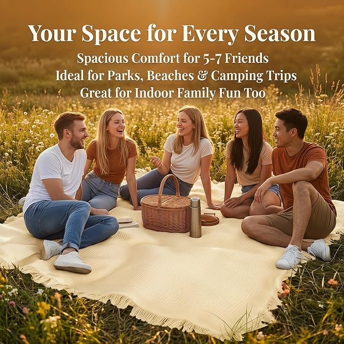 70"x 70" Picnic Blanket Extra Large,Layer Outdoor Blanket for 5 to 7 Adults,Camping Grass Lawn Park Accessories Cute Couple Gifts Ideas Wedding Registry for Park, Beach (Cream)