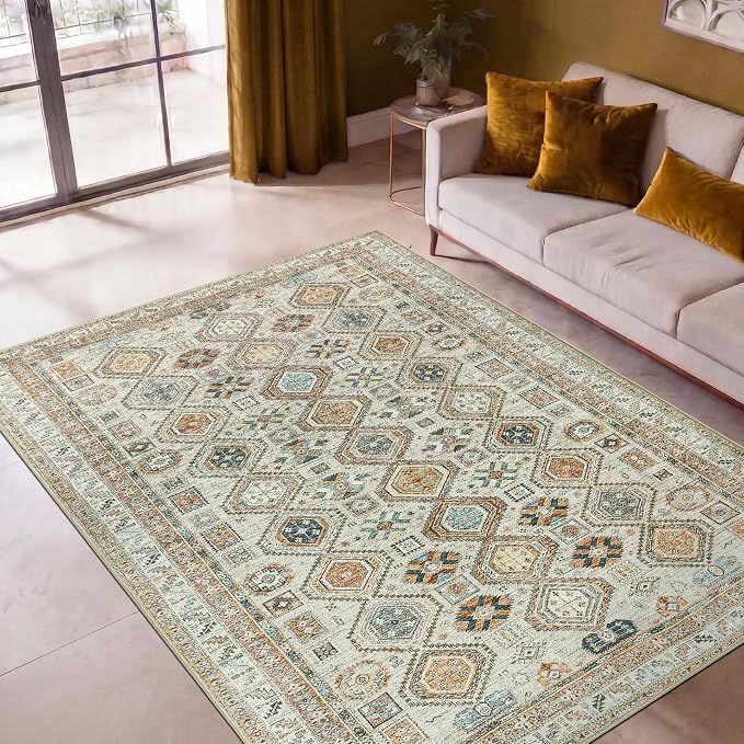 Keen Home Design Vintage Washable Area Rug, Non-Slip Low Pile, 5x7 | Machine Washable Cotton Chenille, 0.25In Low Pile, Rubber Non-Slip Back; Living Room, Bedroom, Dining Room, Office