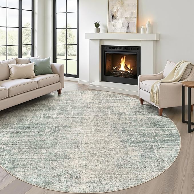LOONGRUG Round Rug 8x8 Washable Neutral Modern Rug for Living Room Green | Circle Large Abstract Soft Stain Resistant Indoor Non-Slip Carpet for Bedroom Nursery Kids Office Dining Room