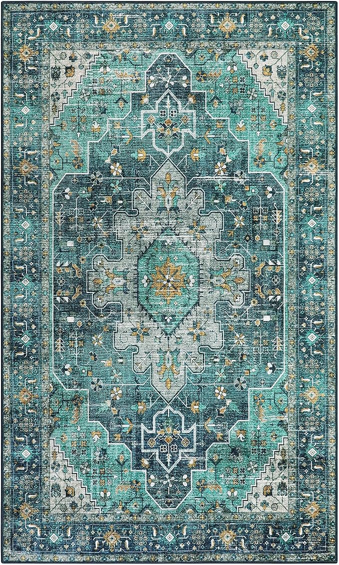 Moynesa Ultra-Thin Washable Vintage Area Rug - 5x7 Large Living Room Rug Boho Oriental Medallion Bedroom Mat Non-Slip Non-Shedding Dining Room Floor Carpet for Home Office, Teal/Mutil