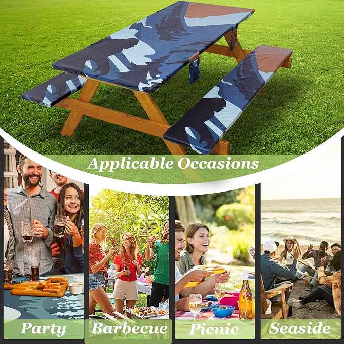 Fitted Picnic Table Cover with Bench Covers Waterproof Elastic Edges Rectangle Patio Tablecloth Outdoor Camping Essentials Stuff Rv Accessories Summer Trip Travel Supplies Party Camper Gifts, 8 ft