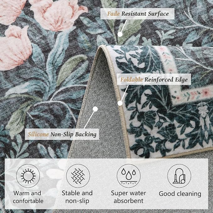 Non Slip Vintage Floral with Ornate Border Hallway Runner Rug - Long Runner Rugs 2x6 Washable Kitchen Floor Mat, Laundry Room Rug, Bathroom Runner